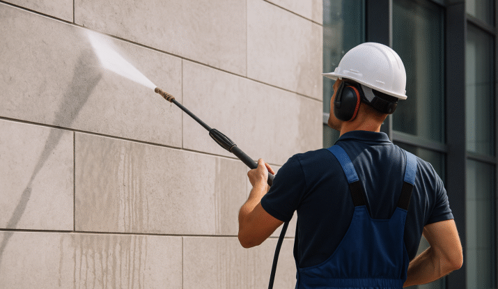 Fassadenreinigung München – professionelle Reinigung einer Gebäudefassade mit Hochdruckverfahren