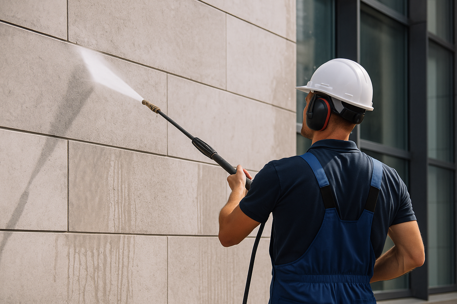 Fassadenreinigung München – professionelle Reinigung einer Gebäudefassade mit Hochdruckverfahren